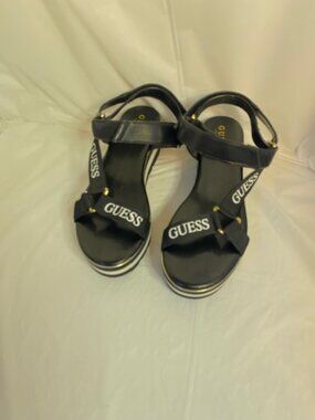 Guess Avin Logo Sport platform wedge sandal in Black and white, size 8.5